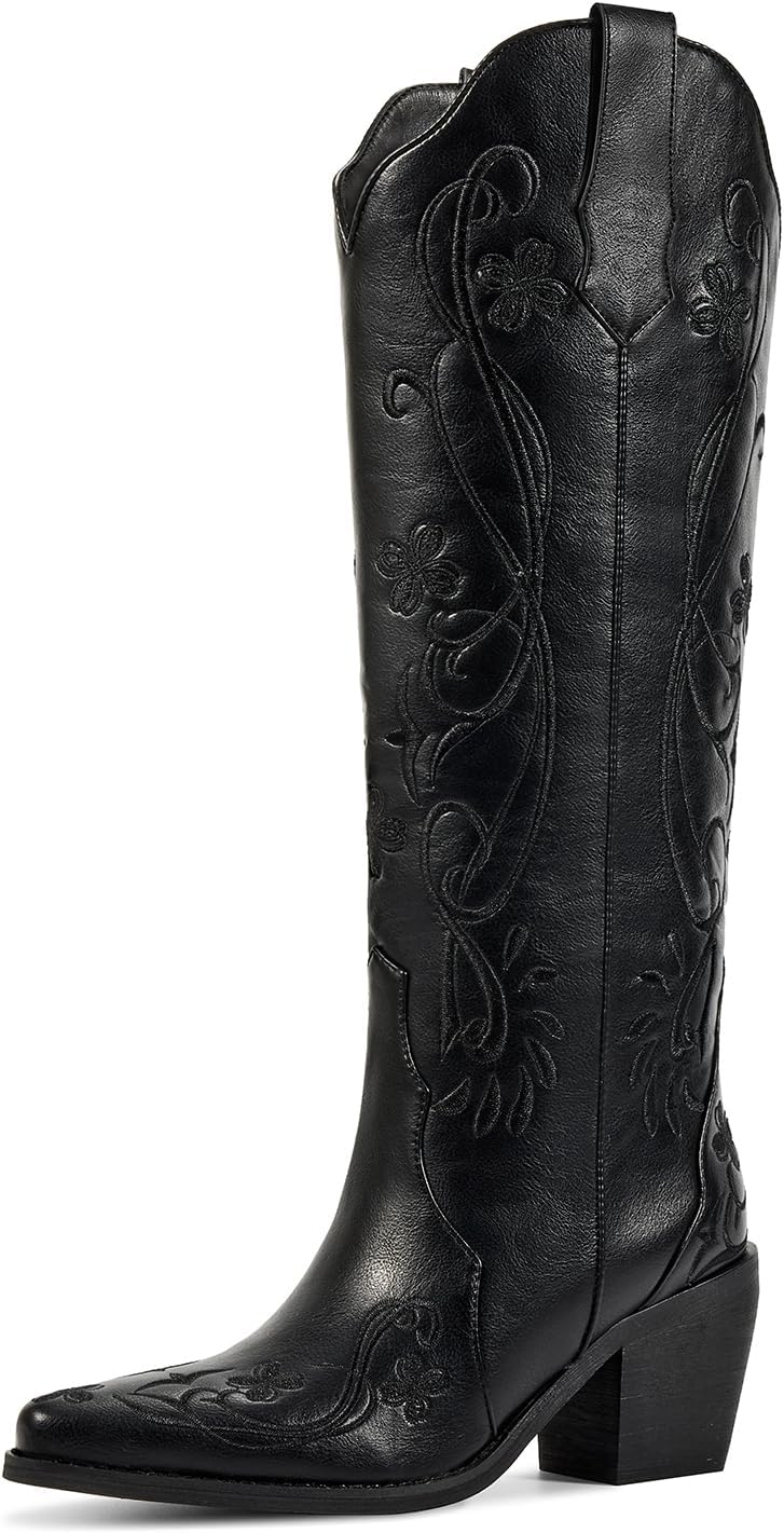 Stylish Knee High Cowboy Boots for Women with Floral Embroidery