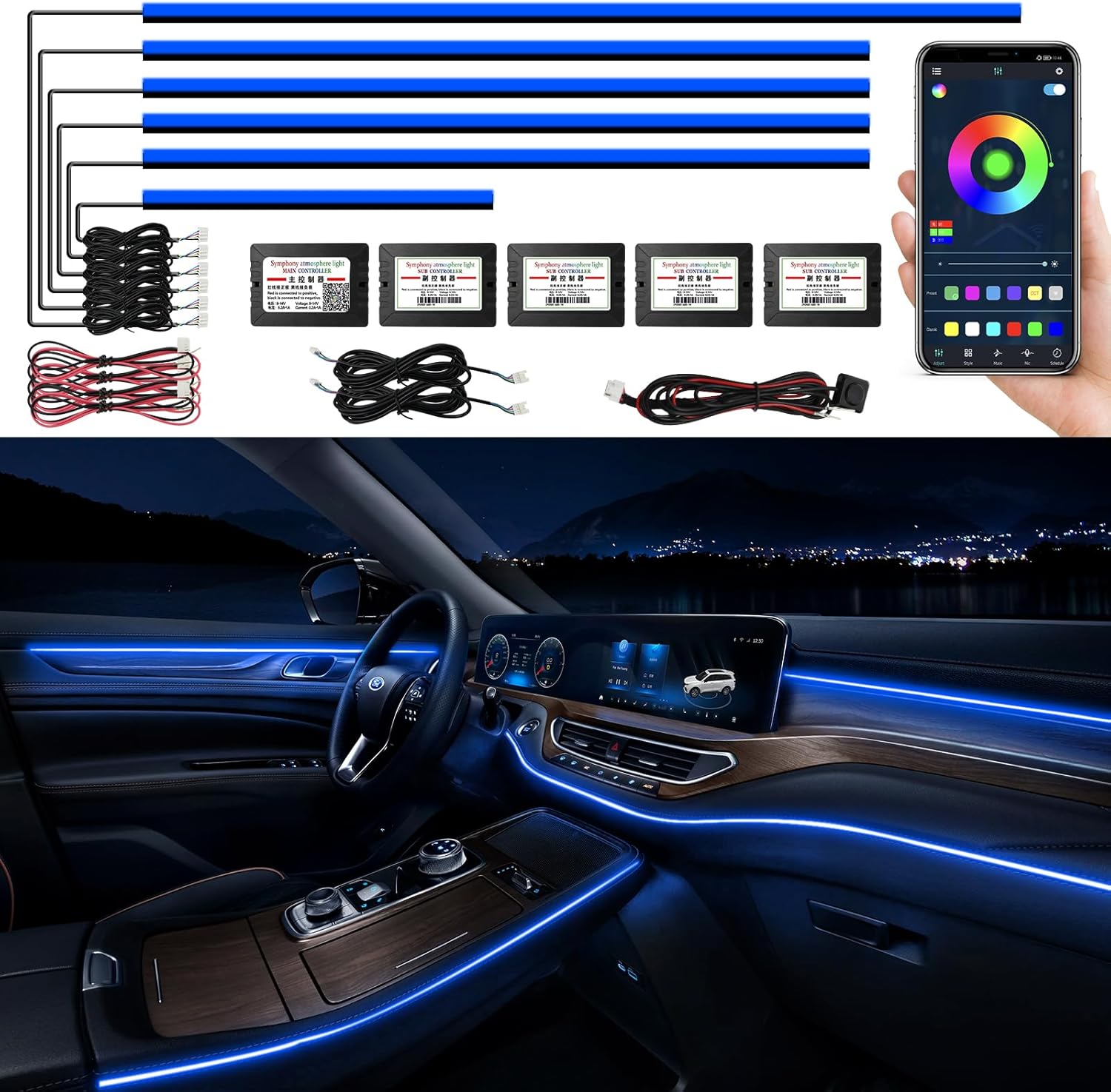 Acrylic Interior Car LED Strip Light with Wireless APP for Ambiance
