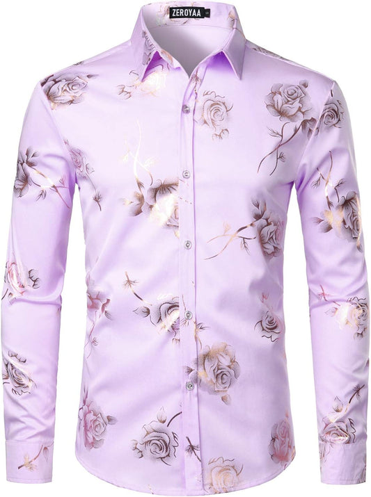 ZEROYAA Mens Hipster 3D Golden Rose Floral Printed Dress Shirt