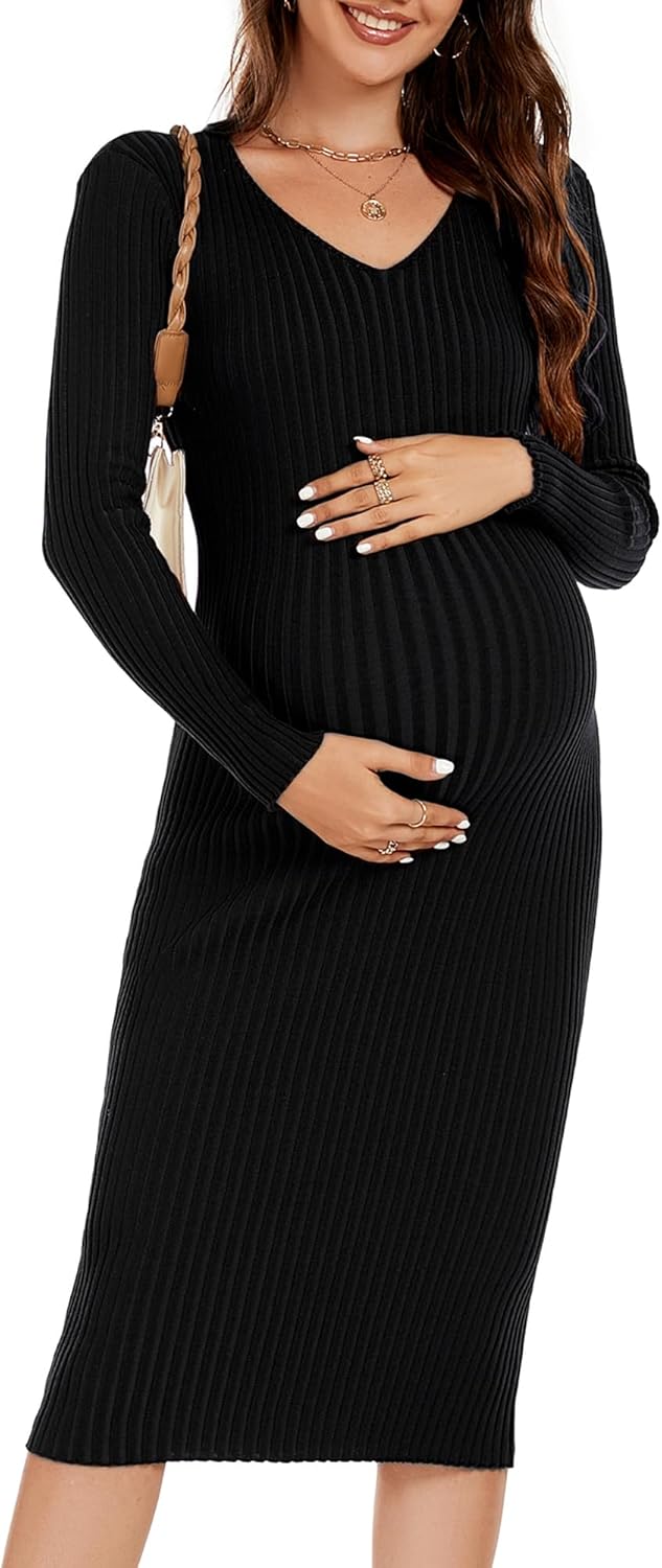 Maternity Dress Long Sleeve V Neck Knit Stretchable Sweater Dress