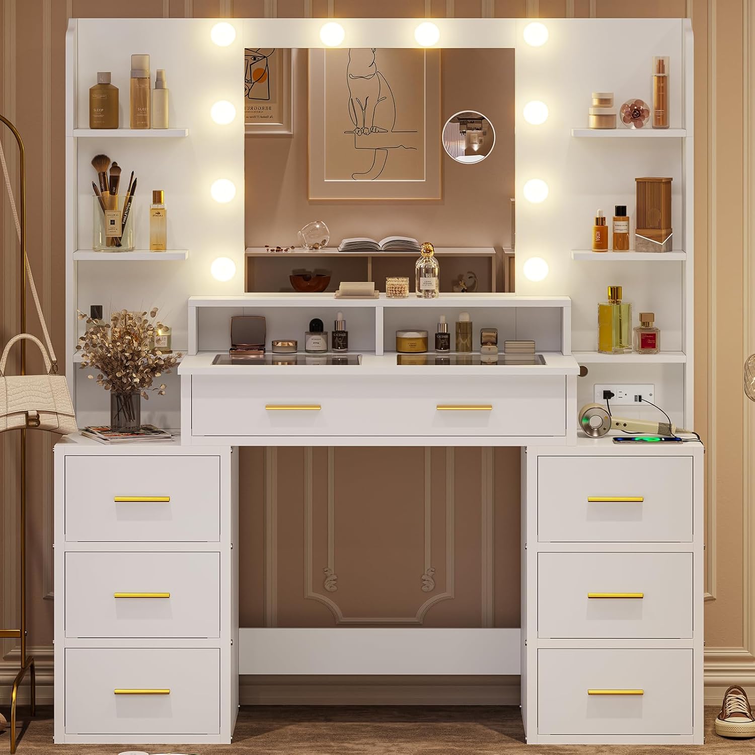 HAUOMS Modern White Vanity: 10x Magnifying Mirror, Power Outlets, Glass Top, 8 Drawers, 6 Shelves, 3 Light Settings