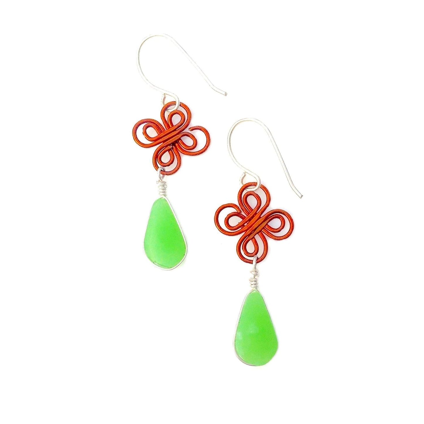 Flower Earrings with Dangling Copper Filigree and Gemstones