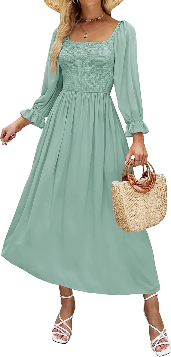 ZESICA Women's Casual Square Neck Puff Sleeve Midi Dress Review