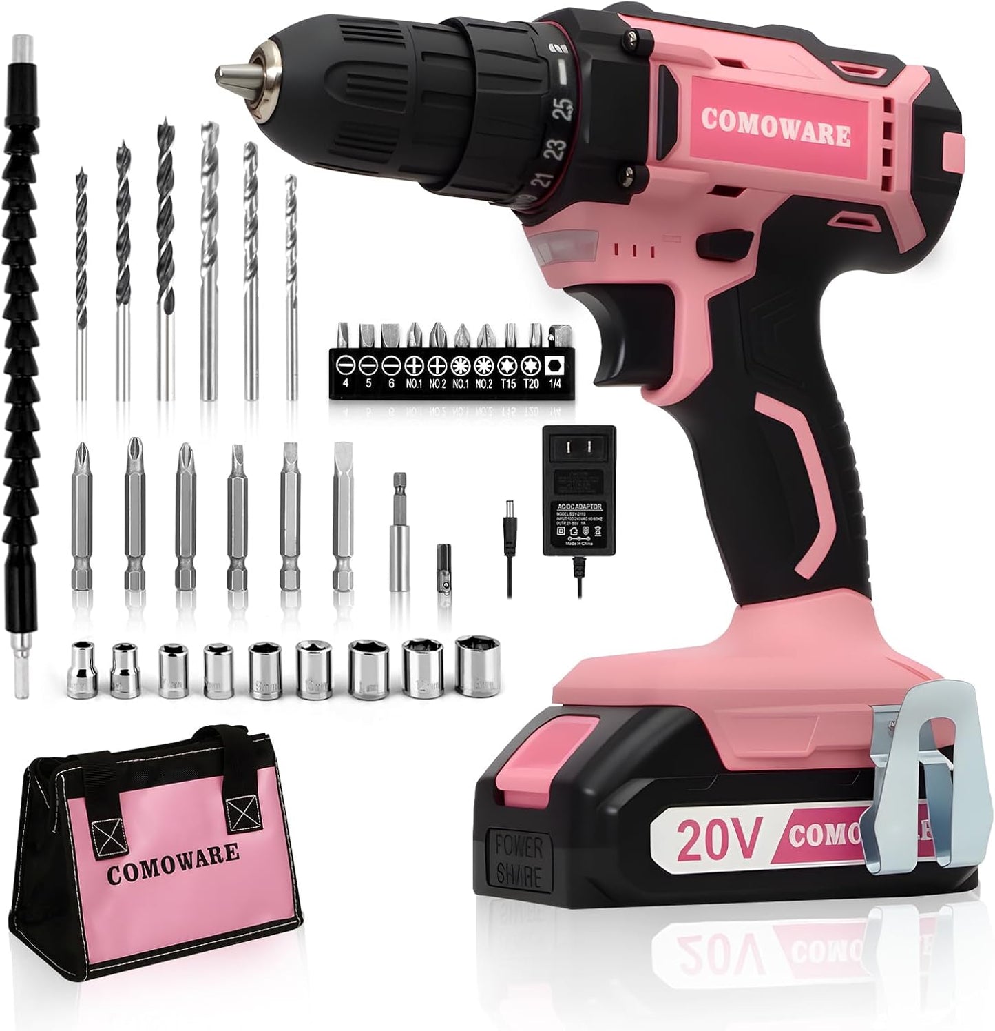 COMOWARE Cordless Drill Set for Women with Pink Storage Bag