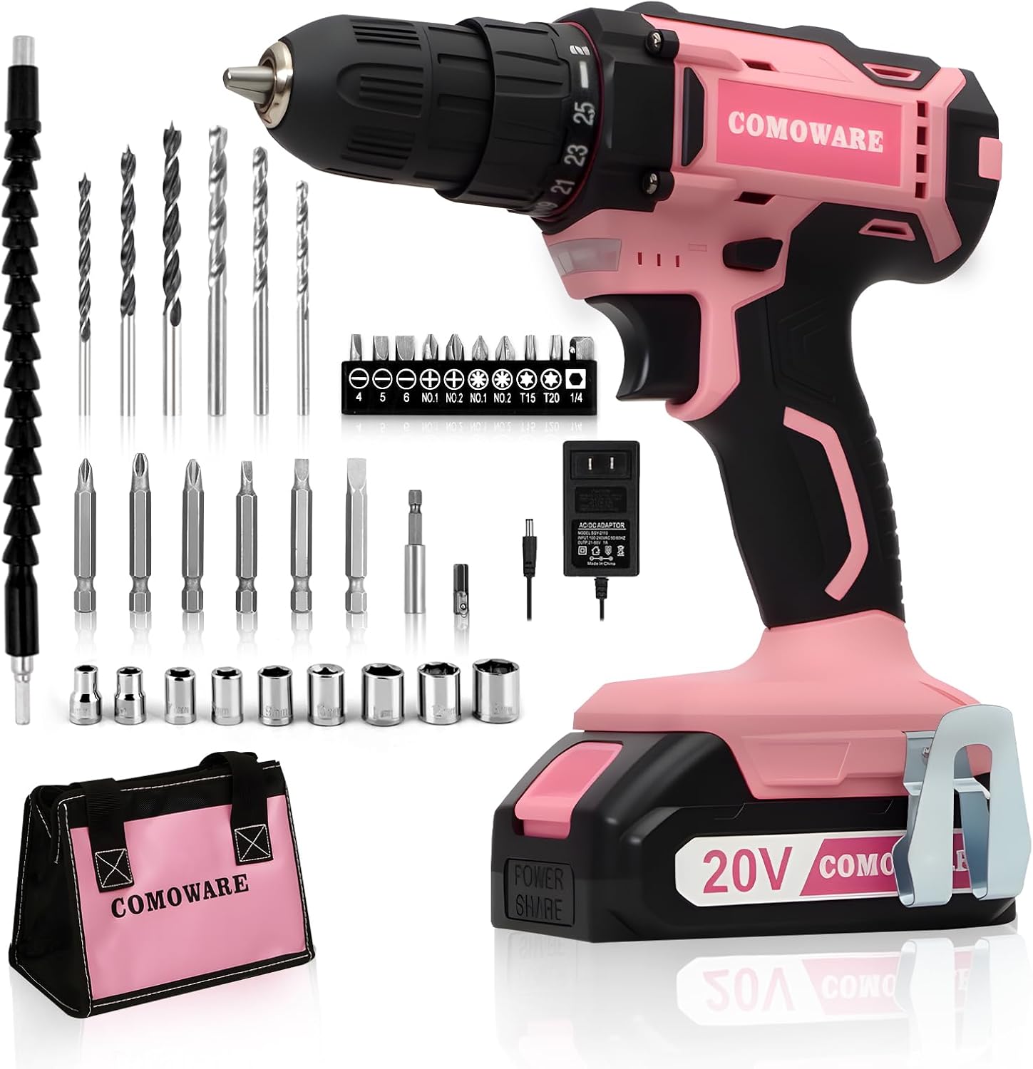 COMOWARE Cordless Drill Set for Women with Pink Storage Bag