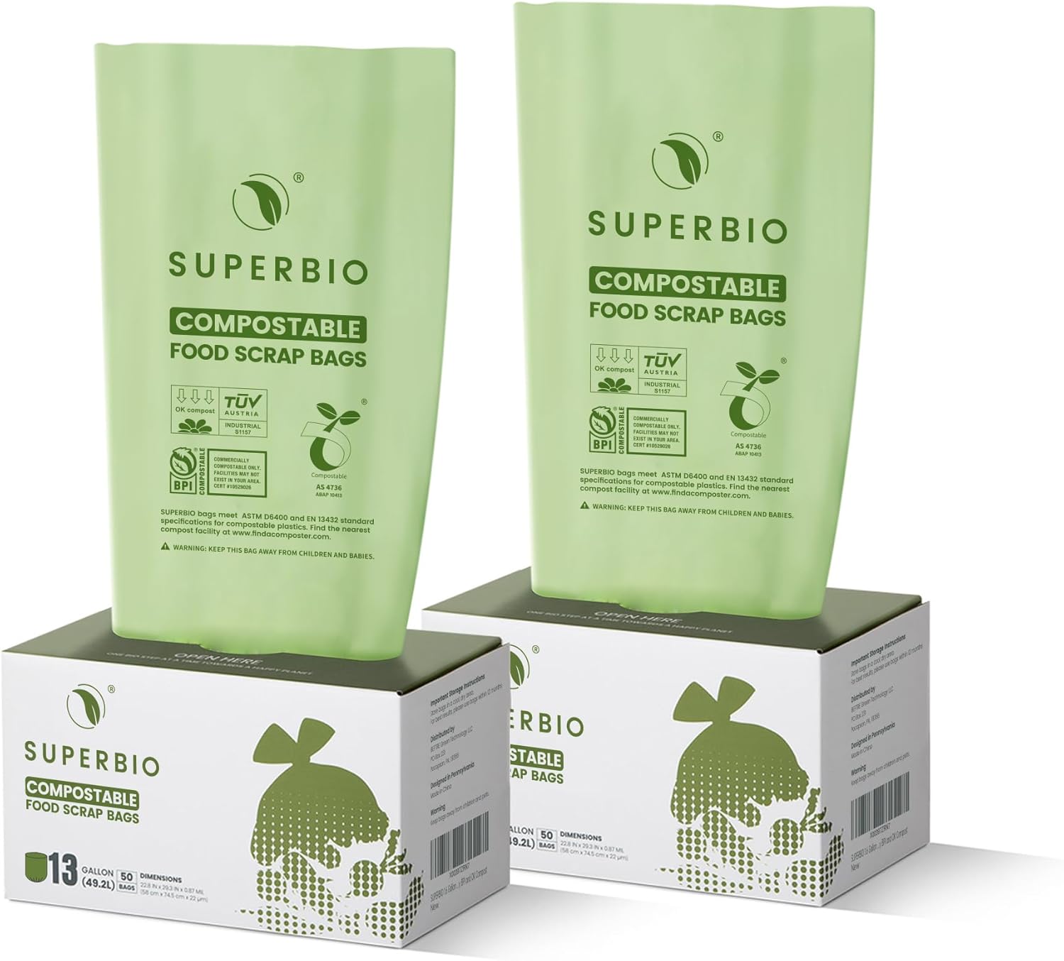 Compostable Food Waste Bags 13 Gallon 50 Count Flat Top 0.87 Mil