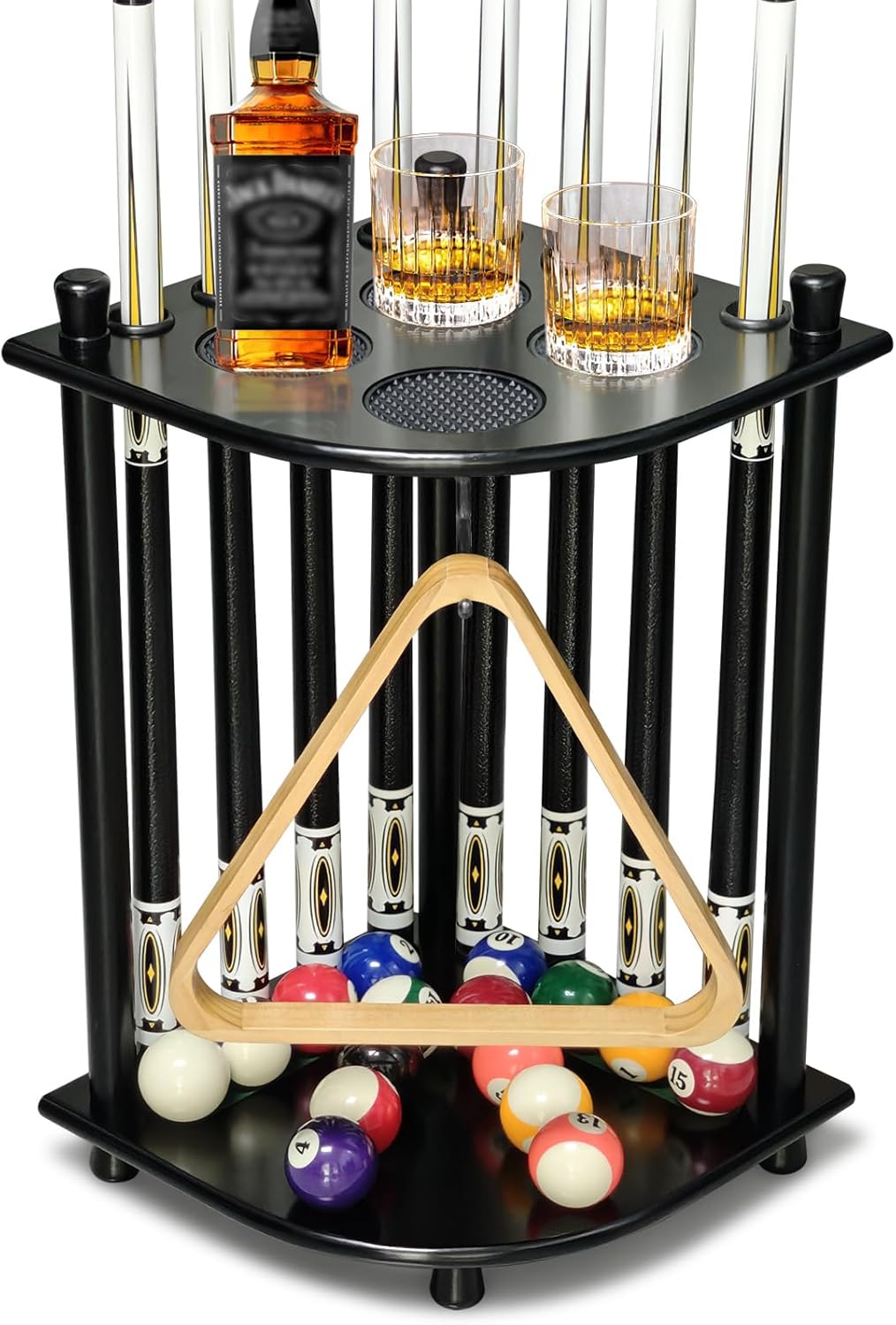 Pool Stick Holder Floor Stand for 8 Cues - Solid Wood Design