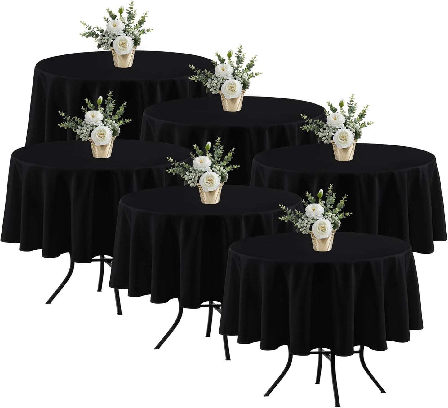 6 Pack Black Round Tablecloths - Stain Resistant and Washable 70ft
