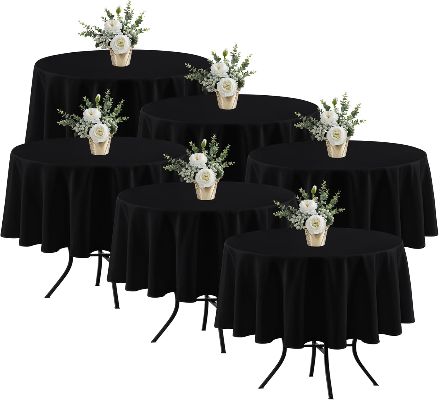6 Pack Black Round Tablecloths - Stain Resistant and Washable 70ft
