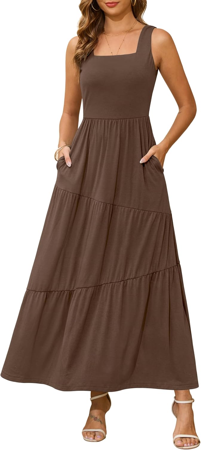 Kranda Summer Sleeveless Long Beach Sundress with Pockets