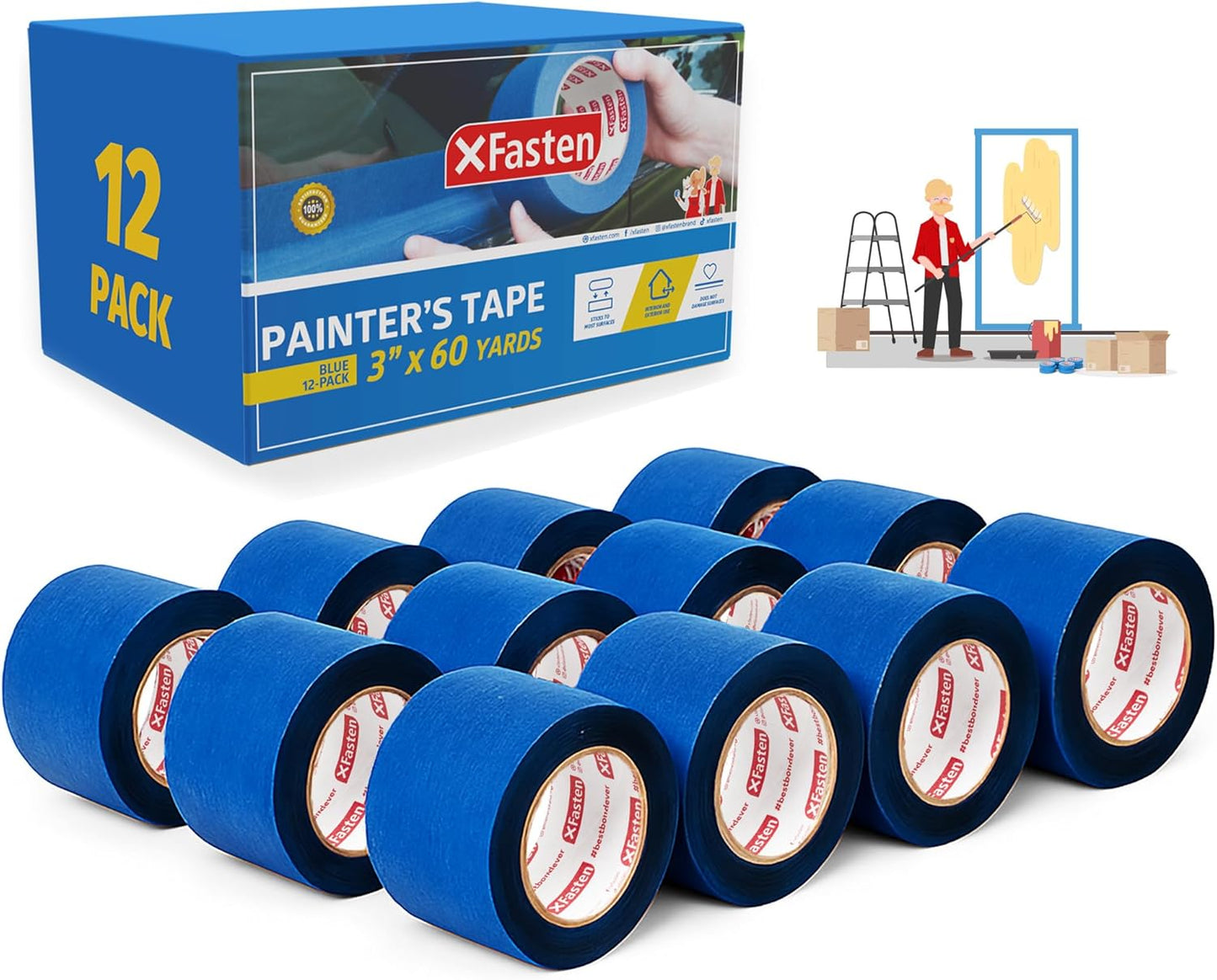 XFasten Blue Painters Tape Bulk for Sharp Lines and Clean Removal