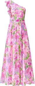 Women One Shoulder Floral Maxi Dress - Smocked Back Ruffle Design