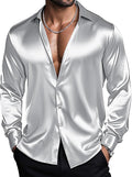 Mens Stretch Satin Dress Shirt Solid Long Sleeve Button Down - Lux