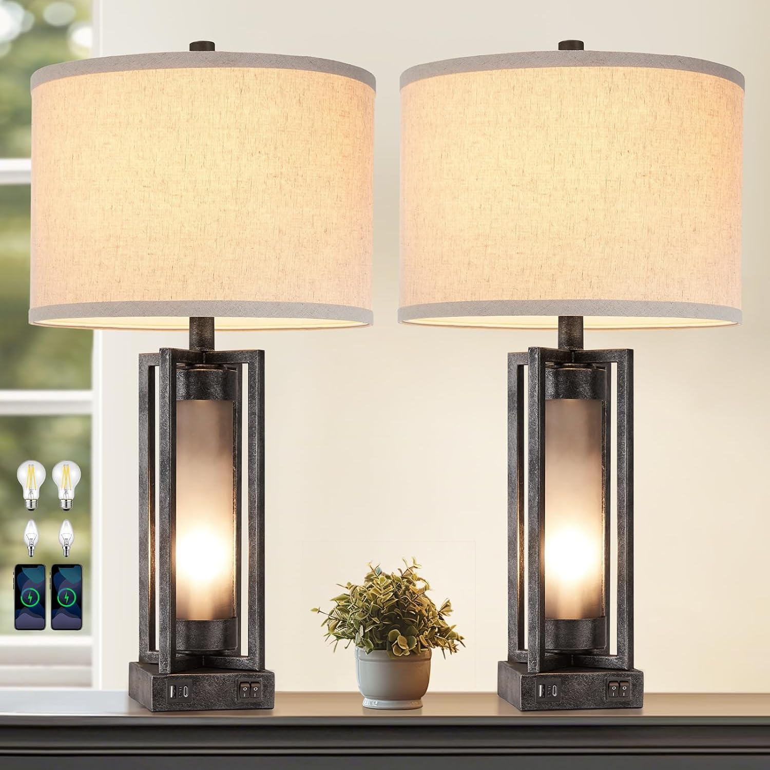 Industrial Table Lamps Set of 2 with USB Ports for Modern Spaces