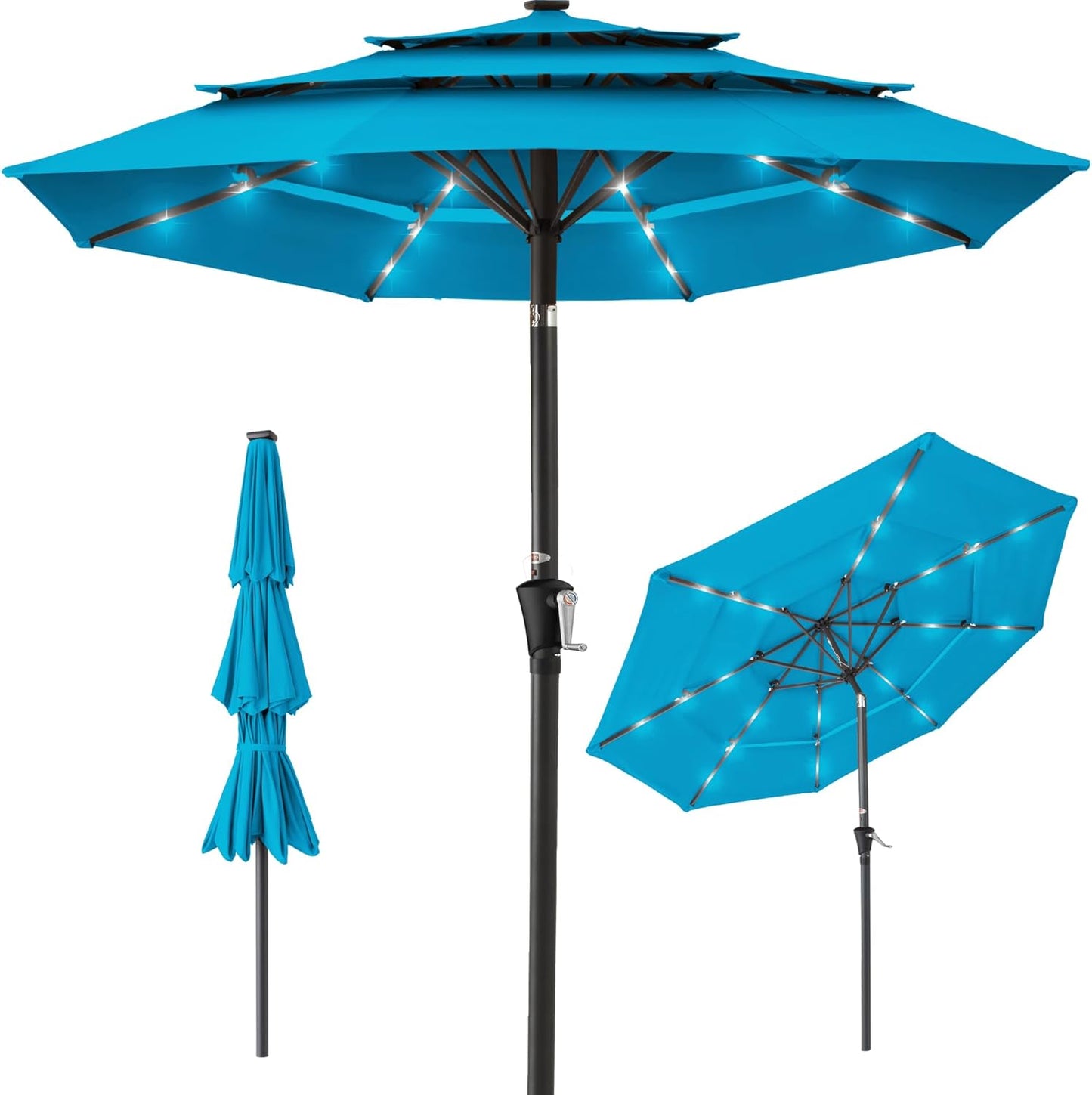 10ft 3-Tier Solar Patio Umbrella with LED Lights for Shade