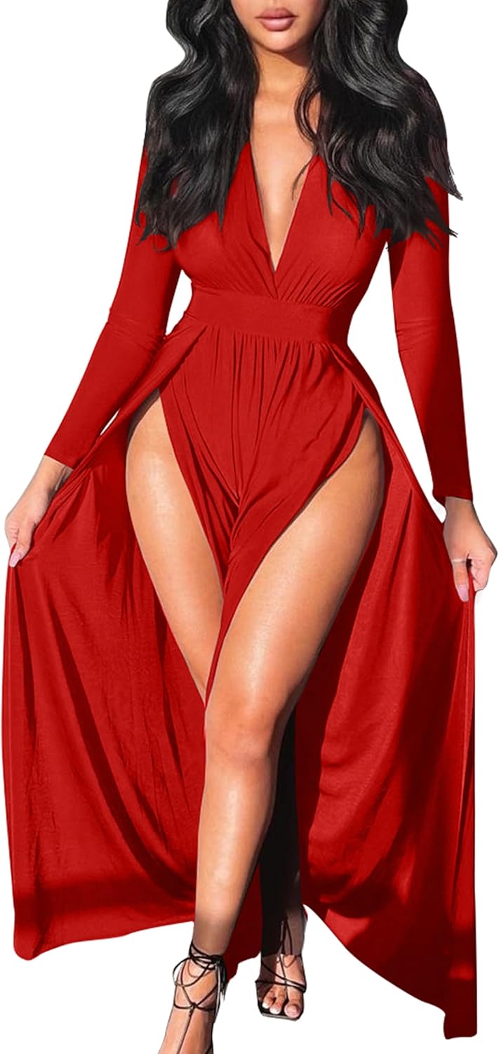 GOKATOSAU Women's Sexy Plunge V Neck Long Sleeve Maxi Dress