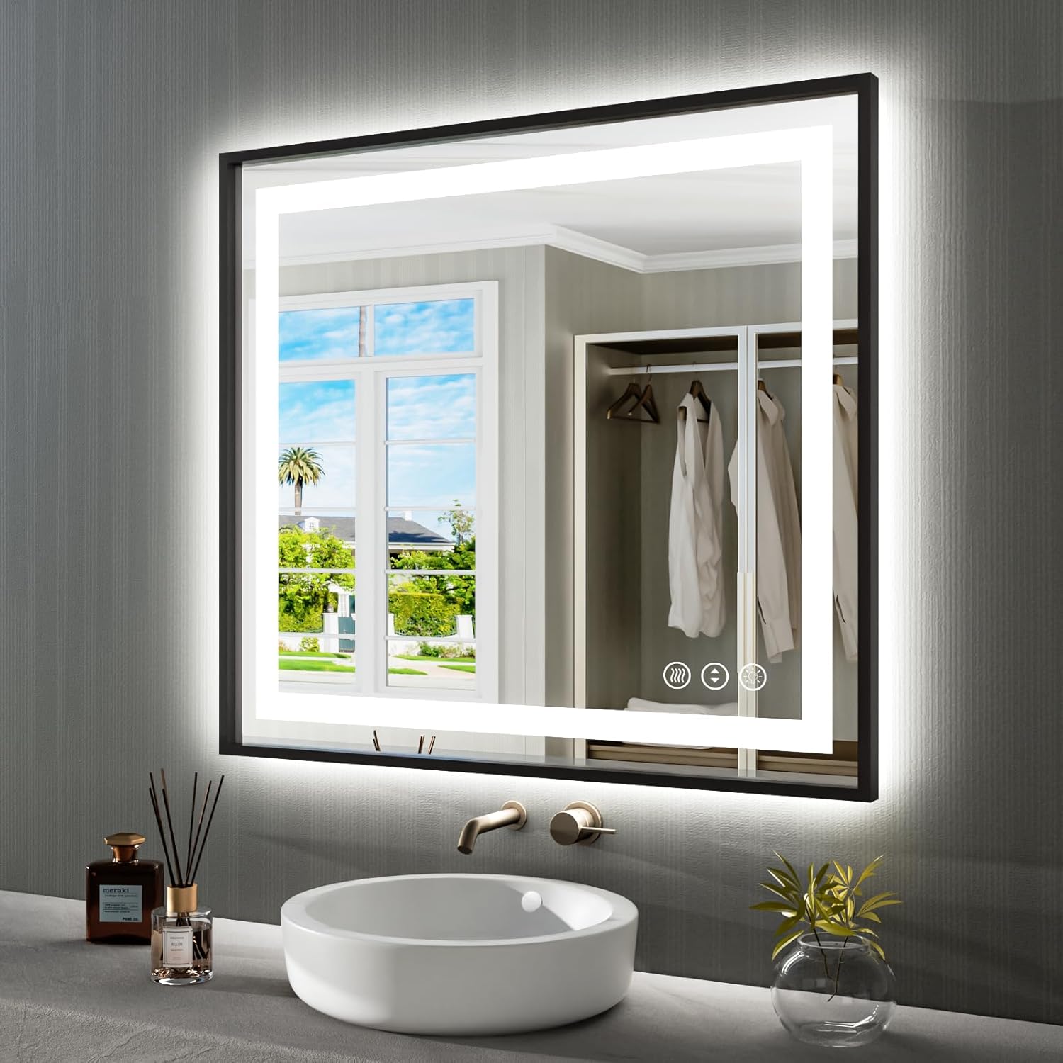 40in X36in LED Bathroom Mirror with Black Frame and Anti-Fog