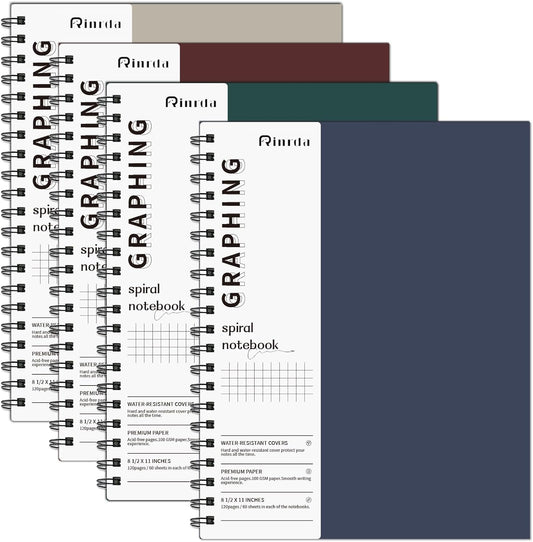 4 Pack 8.5 x 11 Graph Paper Notebooks - 120 Pages, Thick Hardcover Journal