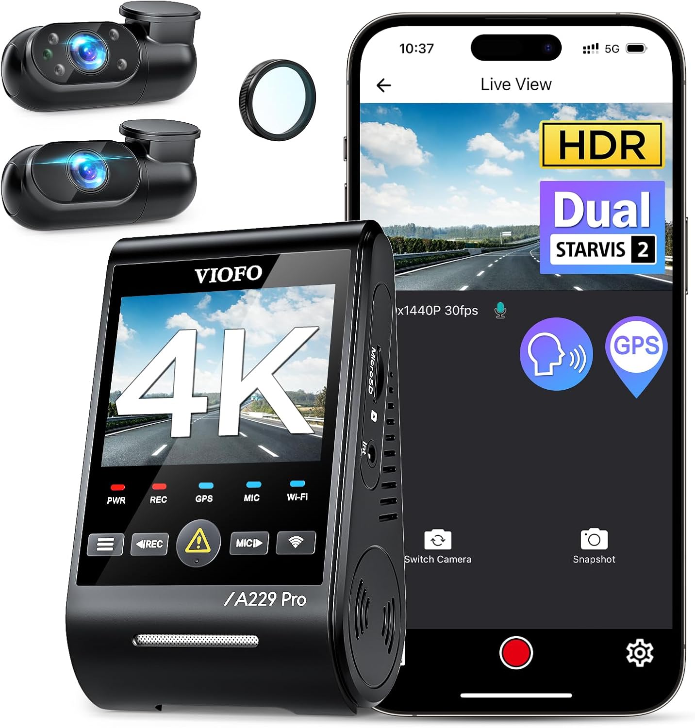 VIOFO A229 Pro 4K Triple Dash Cam: 5GHz WiFi, Voice Control, 24H Parking