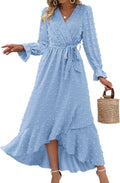 Long Sleeve Maxi Dresses for Women V Neck Swiss Dot - Boho Flowy Slit