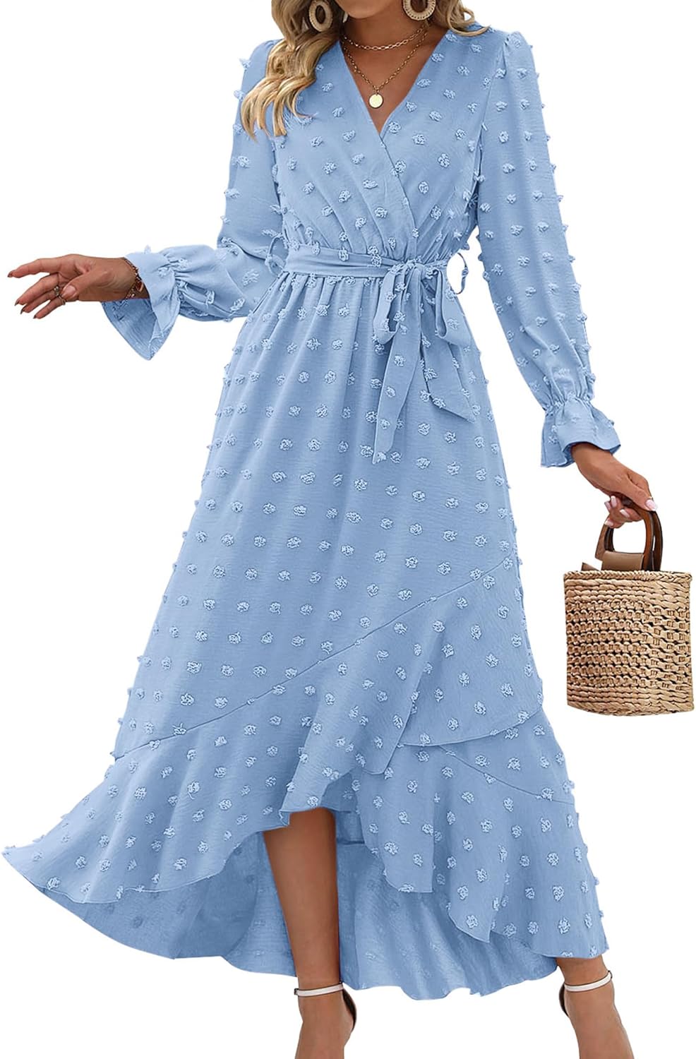BTFBM Long Sleeve Maxi Dresses for Women with Swiss Dot Style