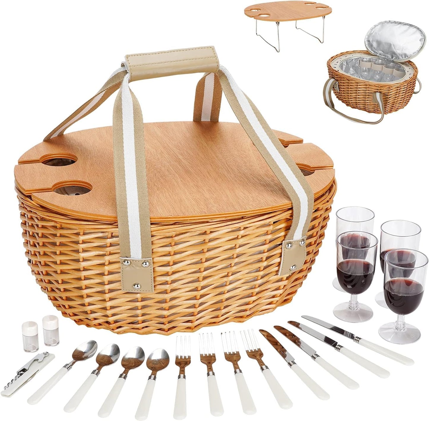 STBoo Picnic Basket for 4 - Wicker Set with Wine Table