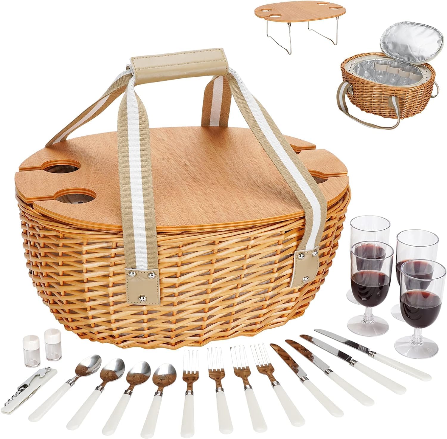 STBoo Picnic Basket for 4 - Wicker Set with Wine Table