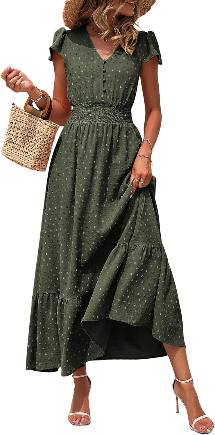 PRETTYGARDEN Womens Summer Maxi Dress Boho Short Sleeve V Neck