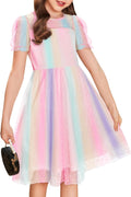 Girls A-Line Contrast Mesh Puffy Sleeve Dress for Ages 3-12