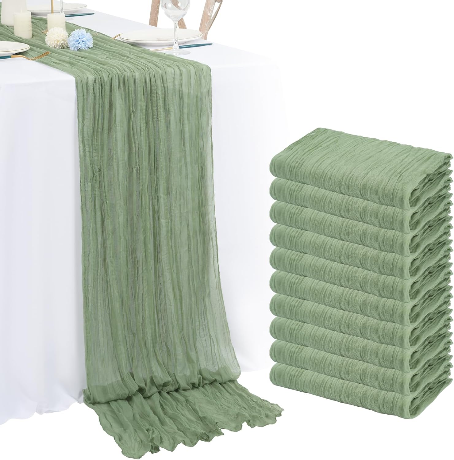Sage Green Cheesecloth Table Runner for Elegant Wedding Decor