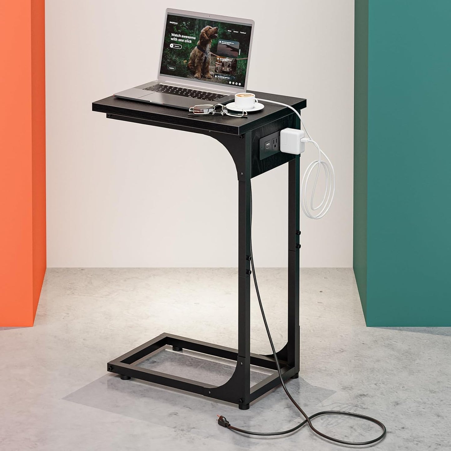 C-Shaped Side Table for Couch with Built-in Charging Station