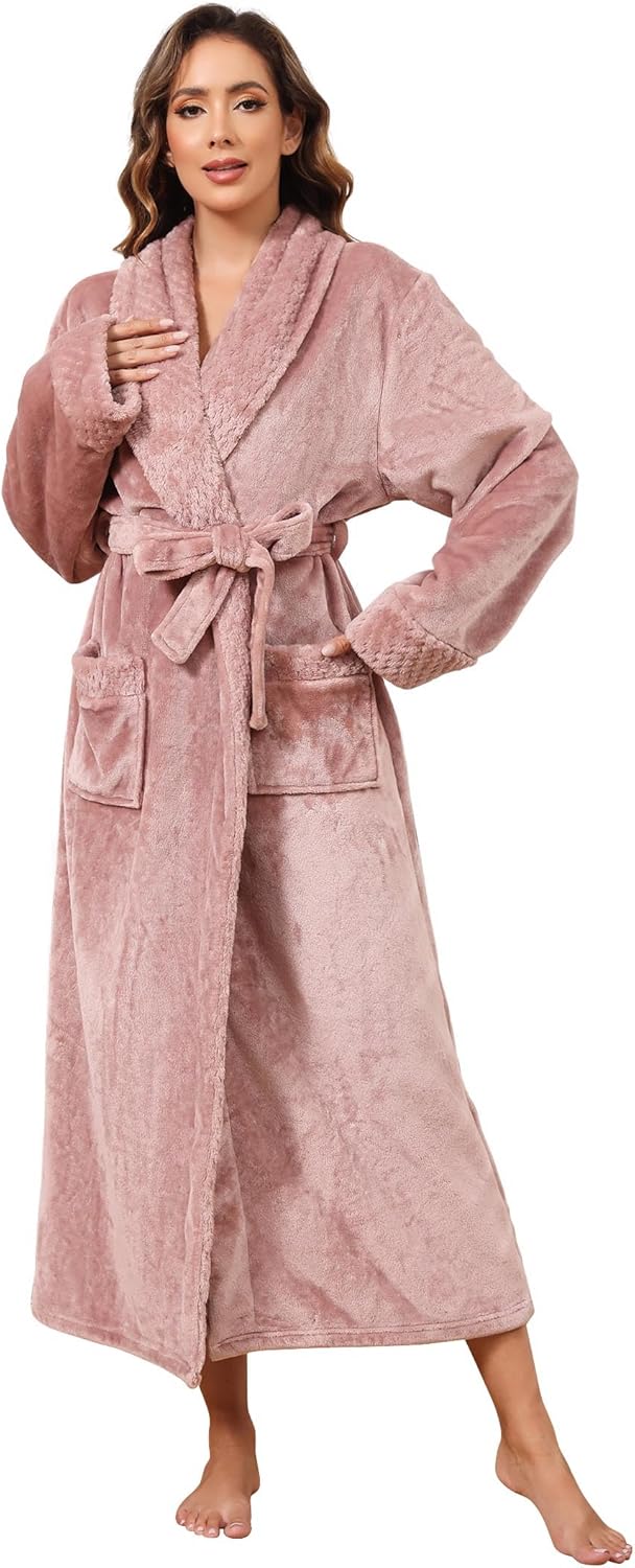 Artfasion Womens Long Fleece Robe - Soft Warm Flannel Bathrobe