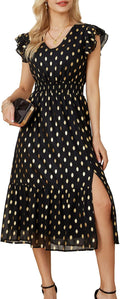 V Neck Ruffle Sleeve Tiered Midi Dress - Flowy Summer Cocktail Dress