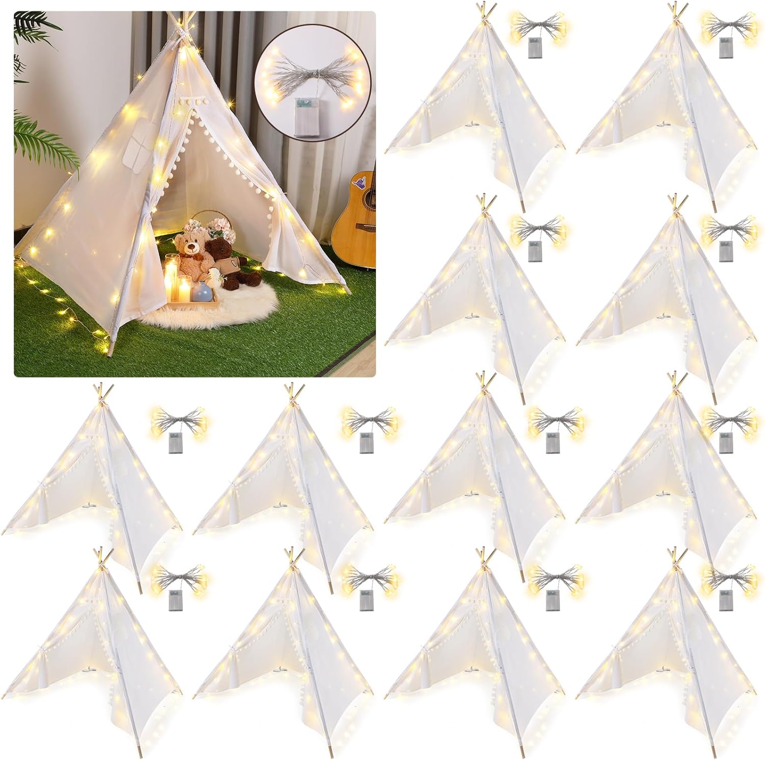Kid's Teepee Tent Set with Lights - Boho Fun!