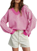 UNCLECAT Women's Striped Checkered Sweater - Casual V Neck Pullover