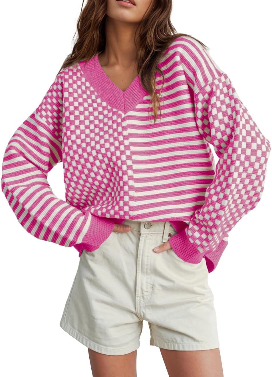 UNCLECAT Women's Striped Checkered Sweater for Trendy Fall Style