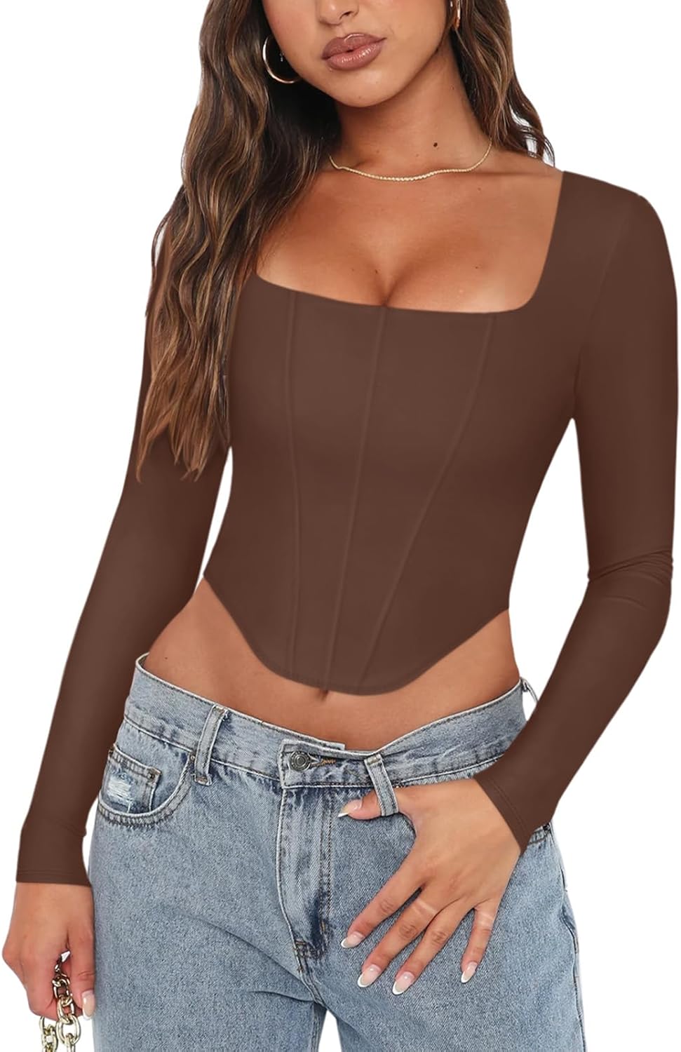 REORIA Womens Sexy Square Neck Long Sleeve Backless Corset Top
