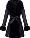 Faux Leather Fur Lined Jacket for Women - Hooded Long Collar Warm