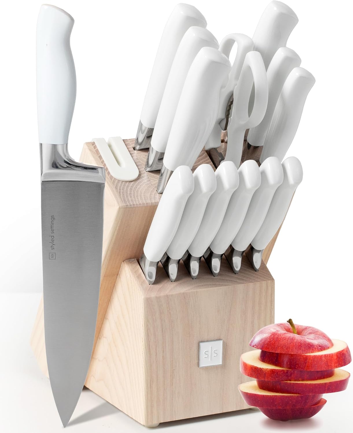 Styled Settings 14-Piece White Knife Set with Block and Sharpener