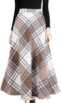 Tanming Women's Wool Plaid A-Line Pleated Long Skirt - Elastic Waist