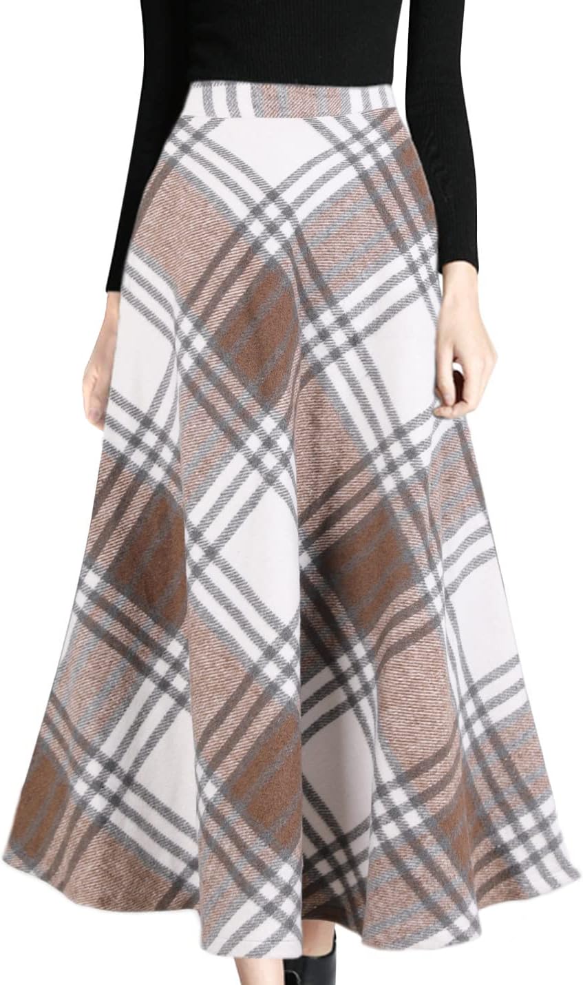 Tanming Women's Winter Warm Elastic Waist Wool Plaid Skirt