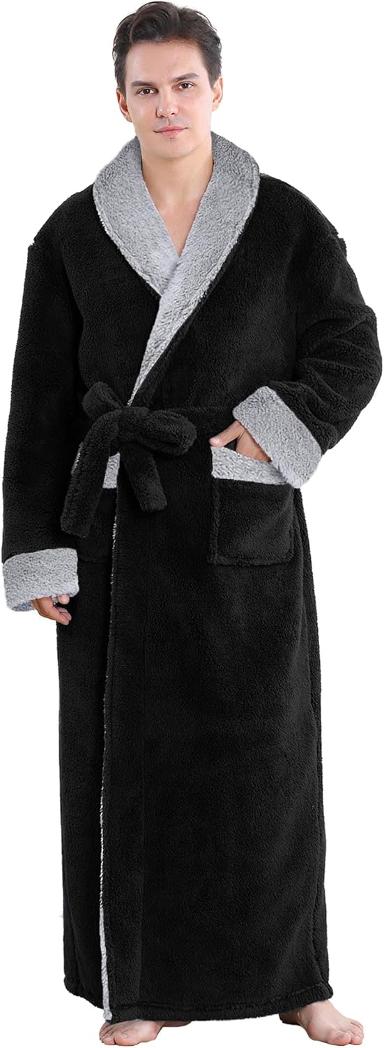 Hellomamma Mens Long Plush Robe: Cozy Fleece Bathrobe for Winter