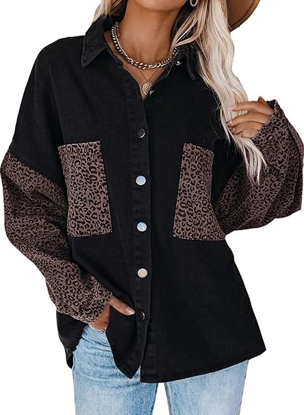 Dokotoo Womens Contrast Leopard Denim Jacket for Stylish Outfits