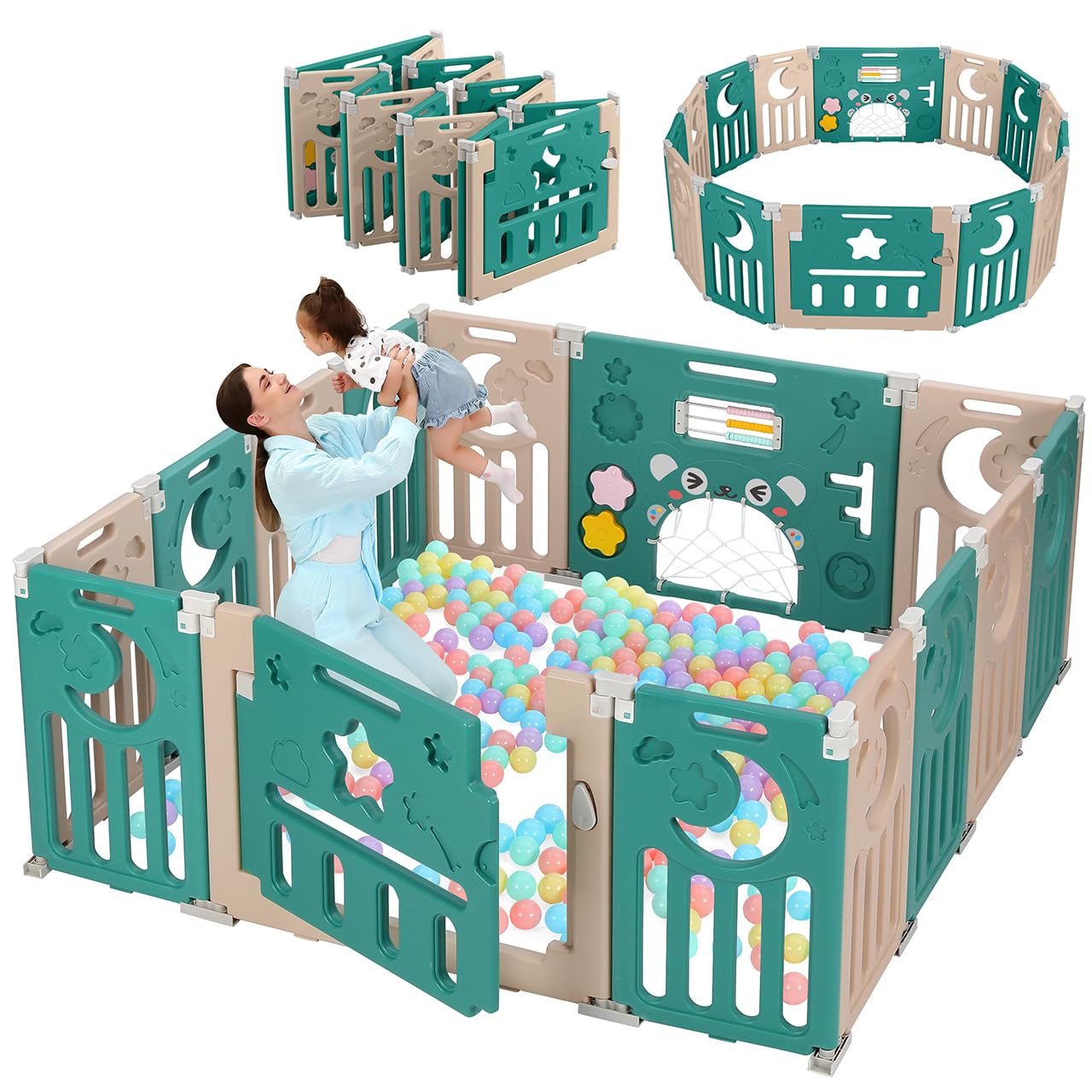 Baby Playpen for Toddlers - Dripex 14-Panel Playard Green White