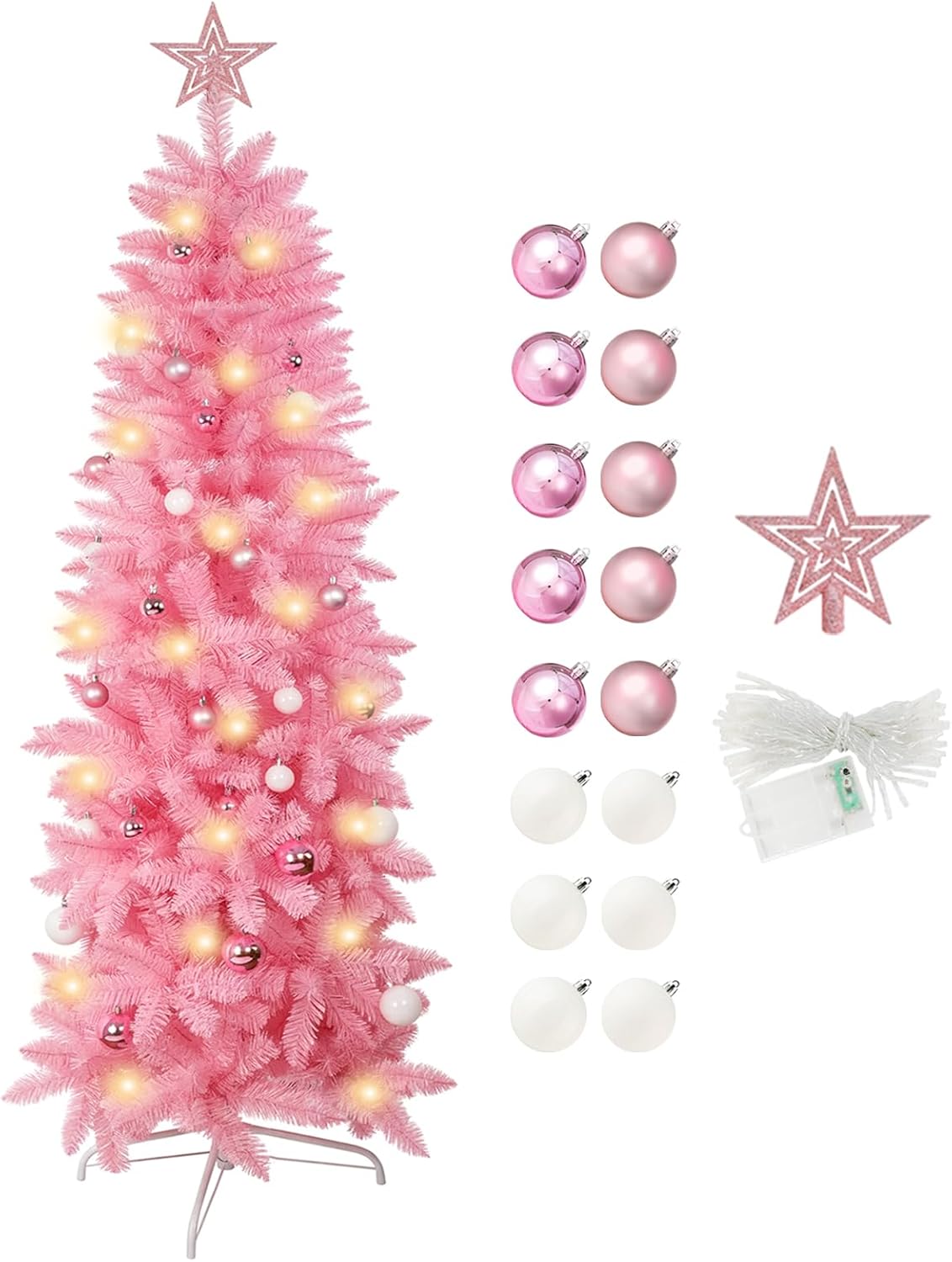 Pink Skinny Pencil Christmas Tree with Warm LED Lights and Ornaments
