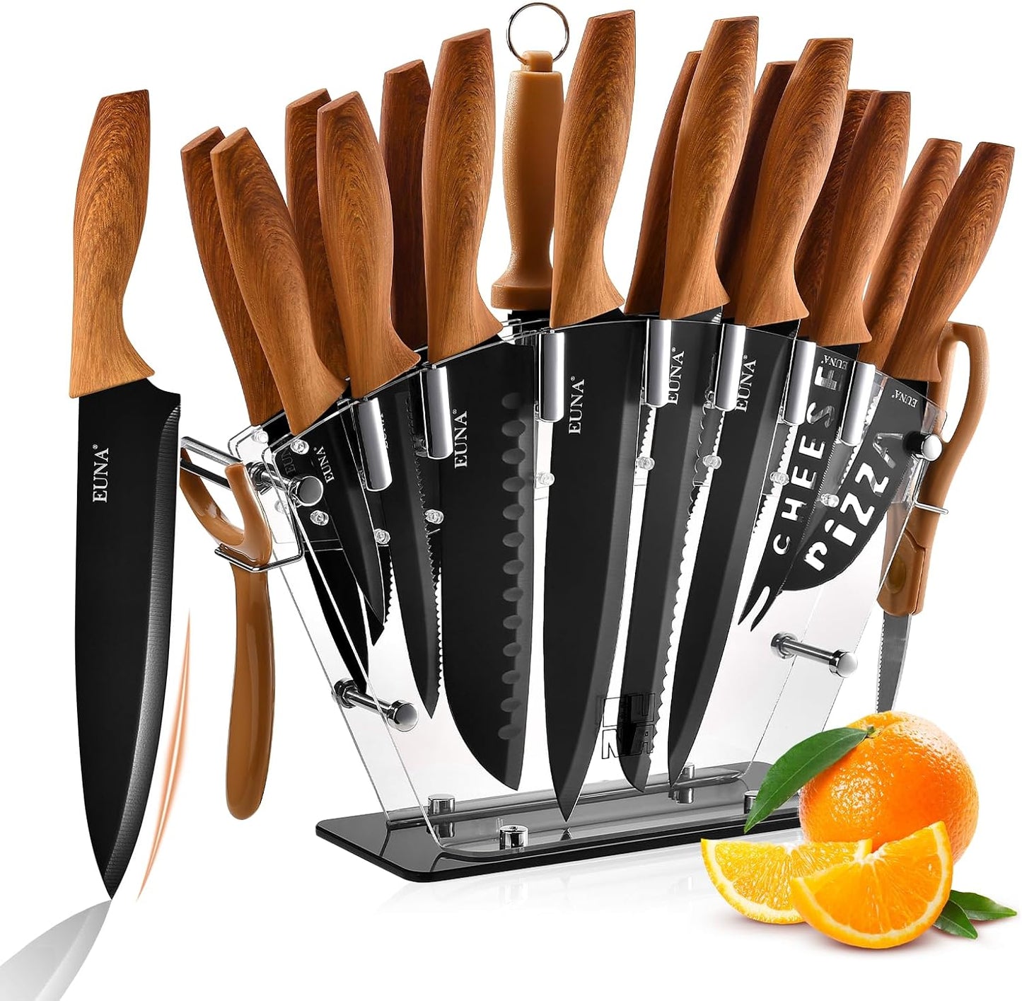 EUNA Knife Block Set - 19 PCS Kitchen Knife Set with Sharpener