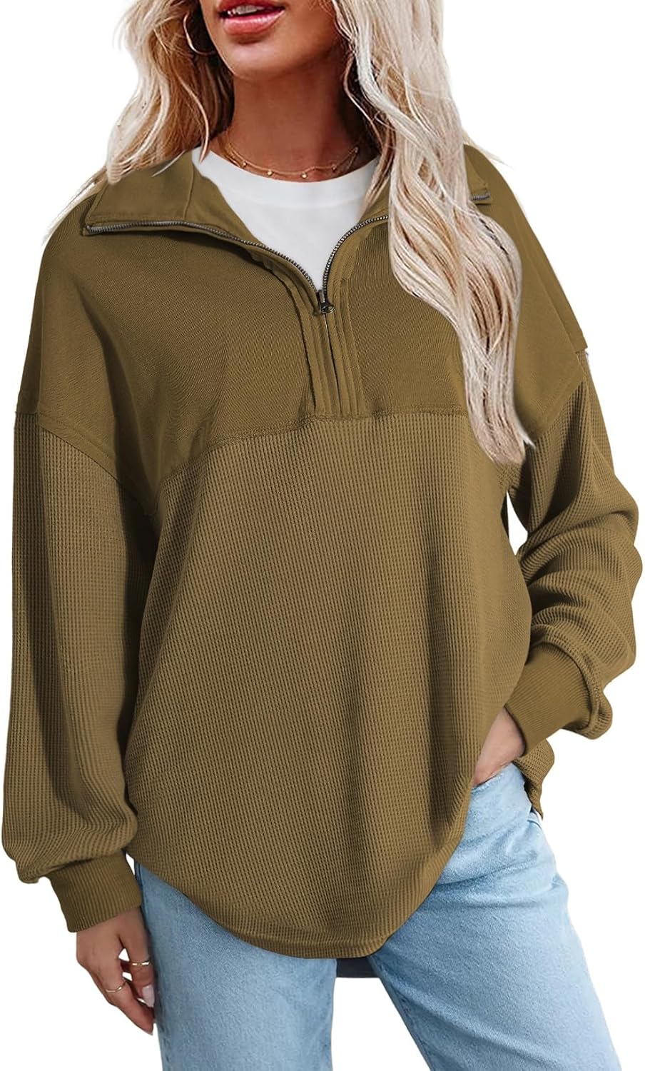 SHEWIN Womens Fall Sweatshirt Casual Waffle Knit Half Zip Pullover