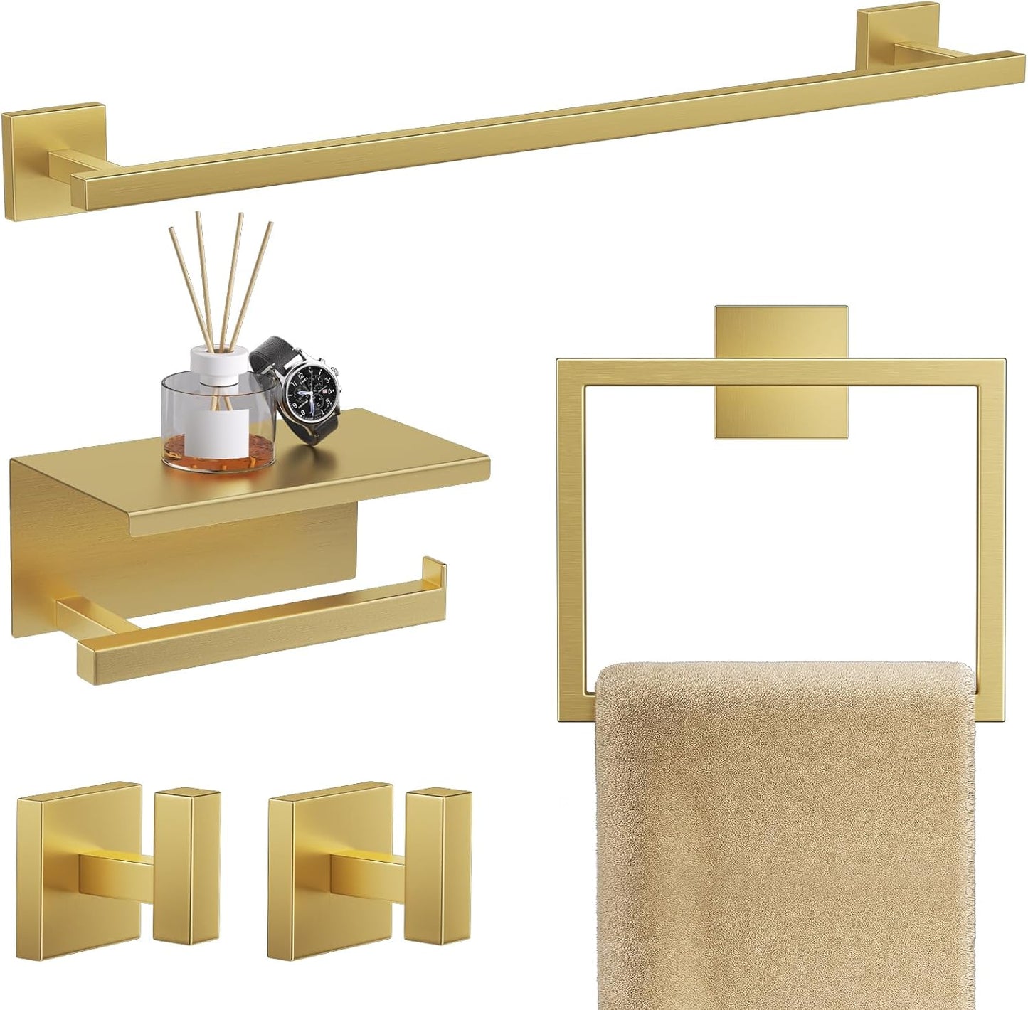 5-Piece Brushed Gold Bathroom Hardware Set for Modern Spaces