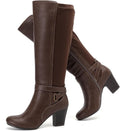Women's Slouchy Knee High Boots with Chunky Heel - Moto Buckle Style