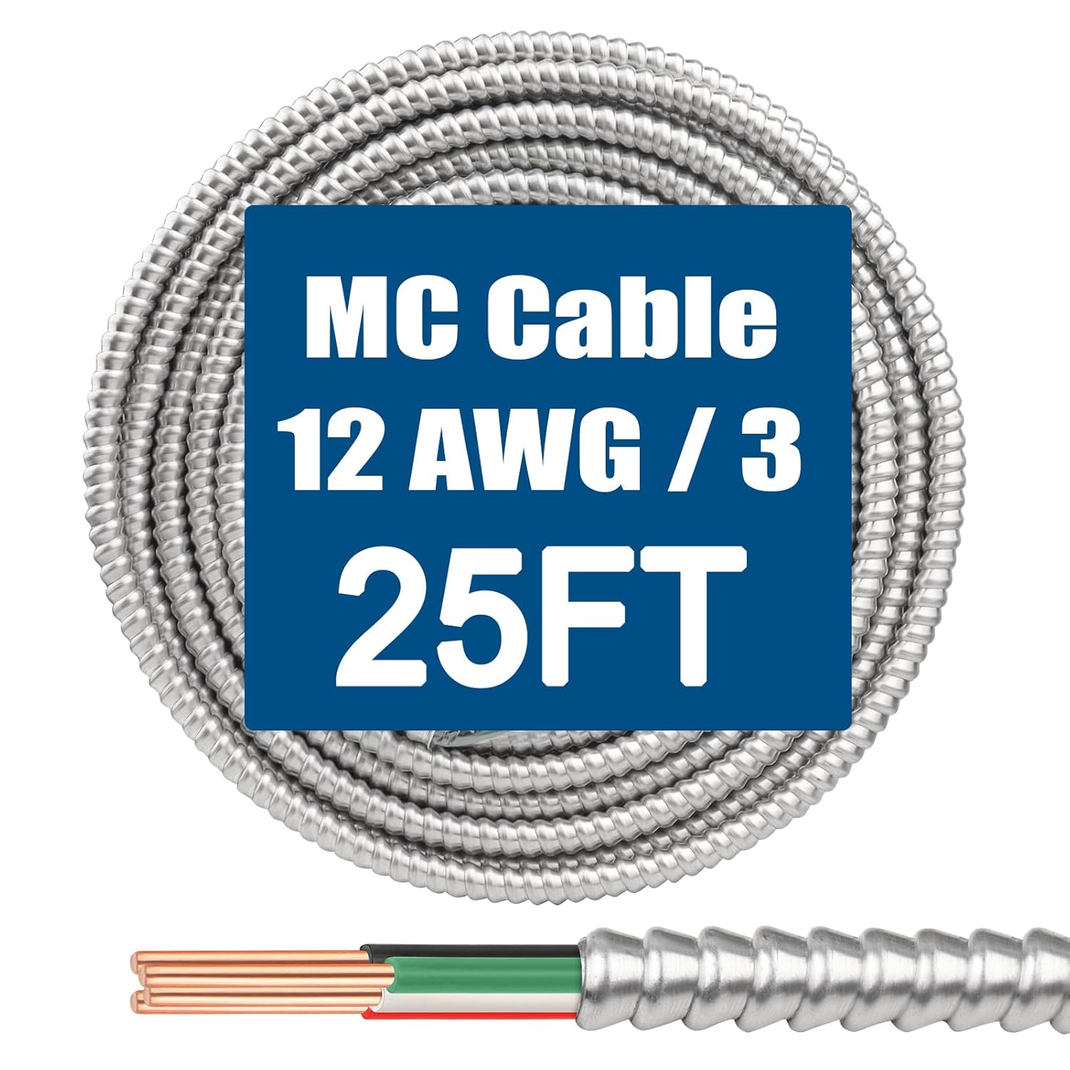 12/3 MC Cable with Ground - Durable 25FT Metal Clad Wire